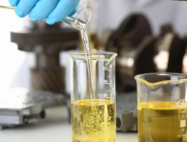 Distillate fuel sample bottles in laboratory